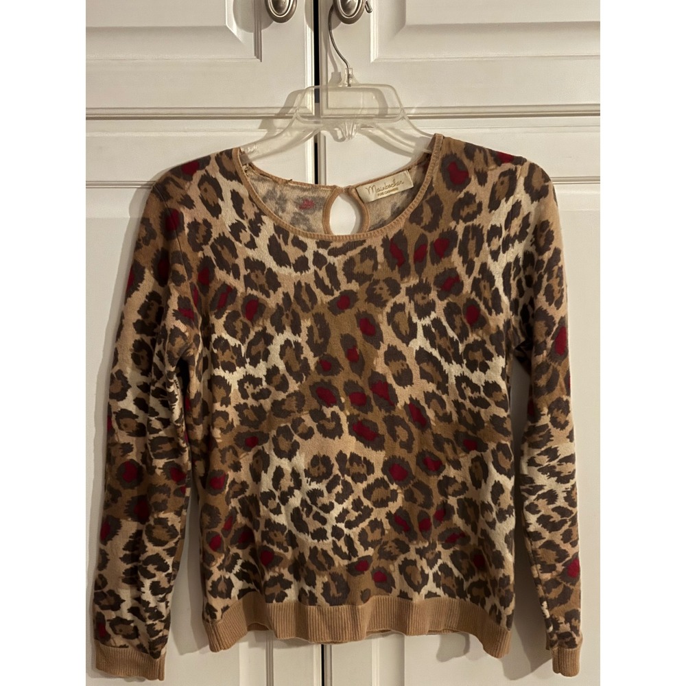 Mainbocher Pure Cashmere Leopard Print Sweater Red Accents Keyhole Back Womens